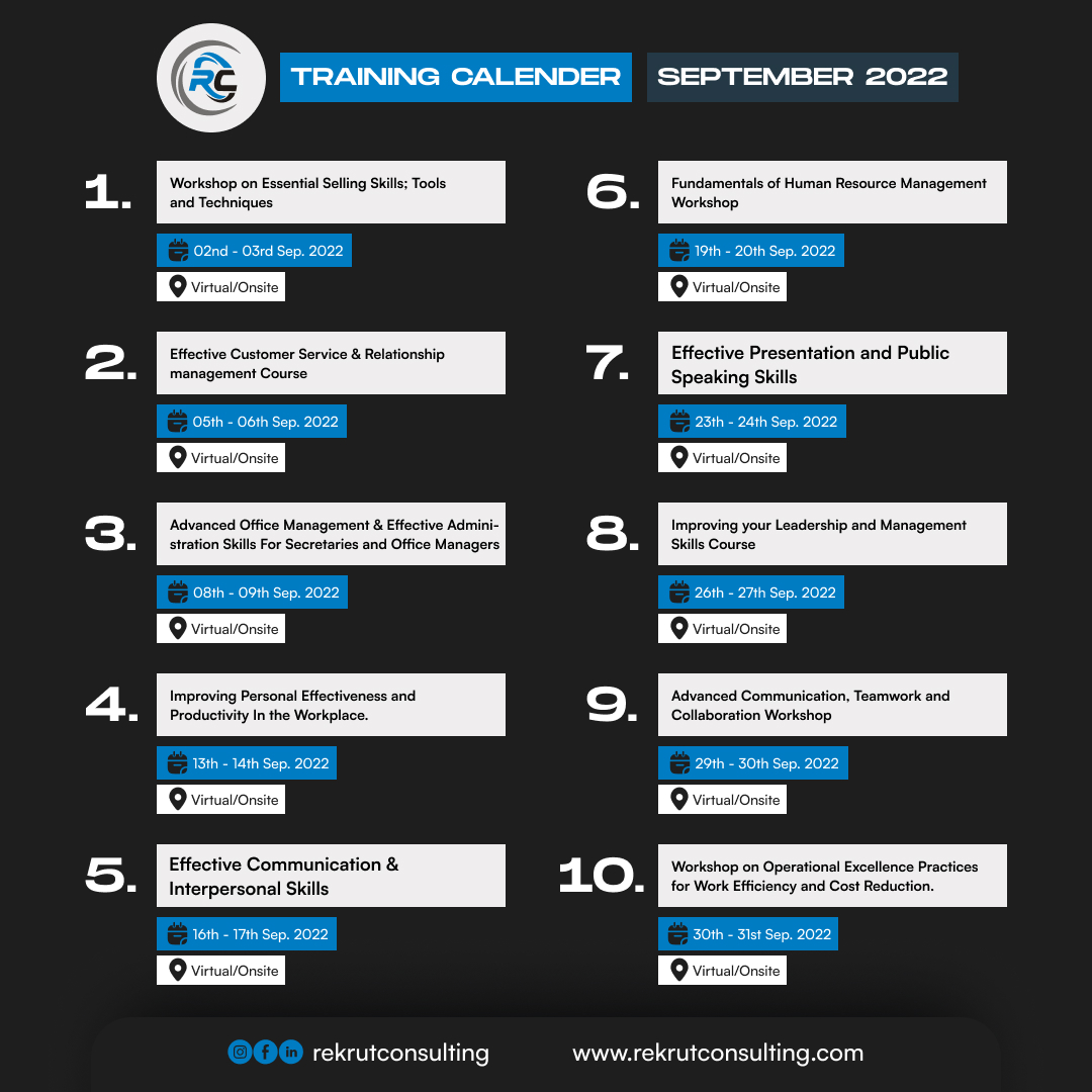 Rekrut Consulting Limited Septerber training calendar